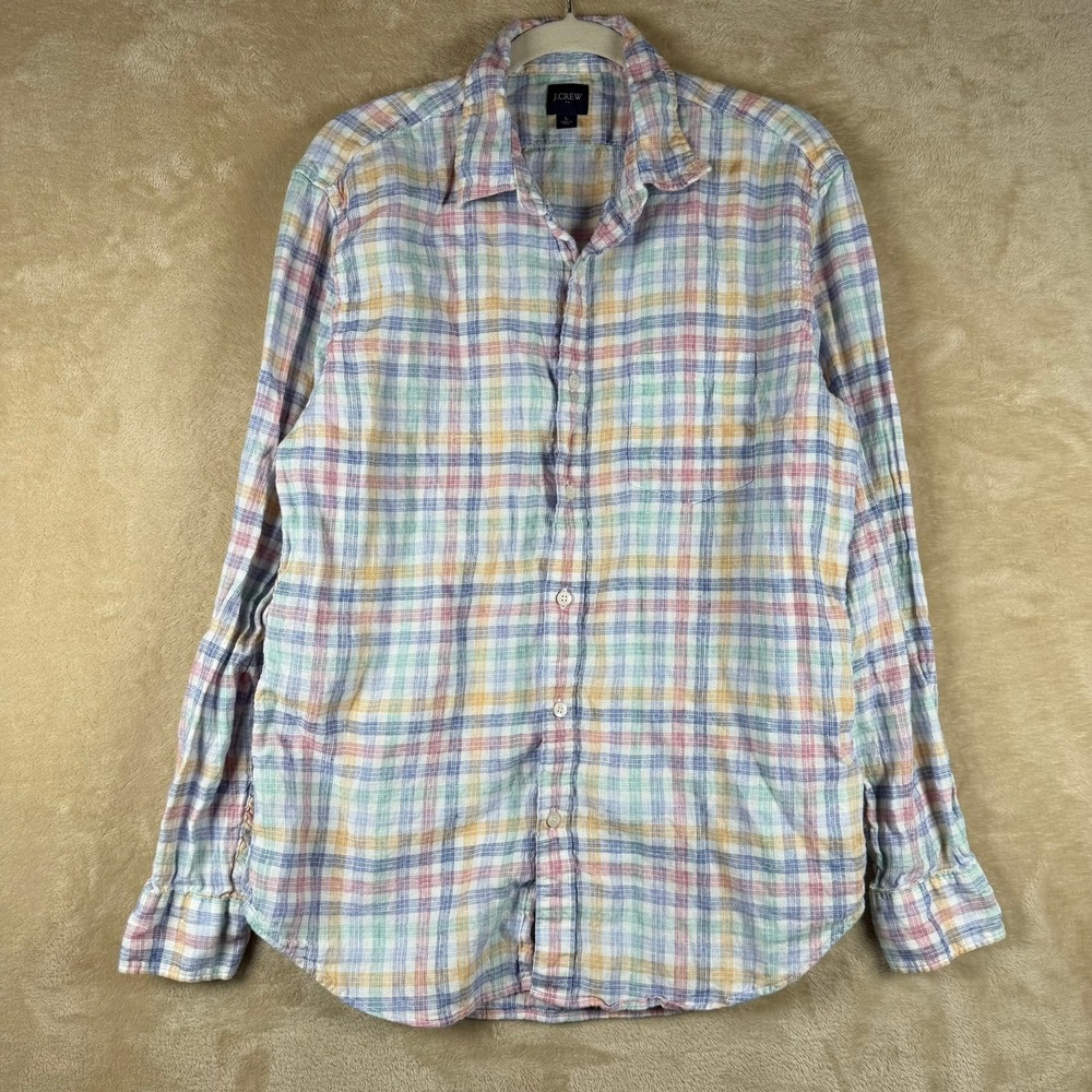 J Crew Mens Linen Blend Colorful Plaid Button Down Shirt Long Sleeve Size L